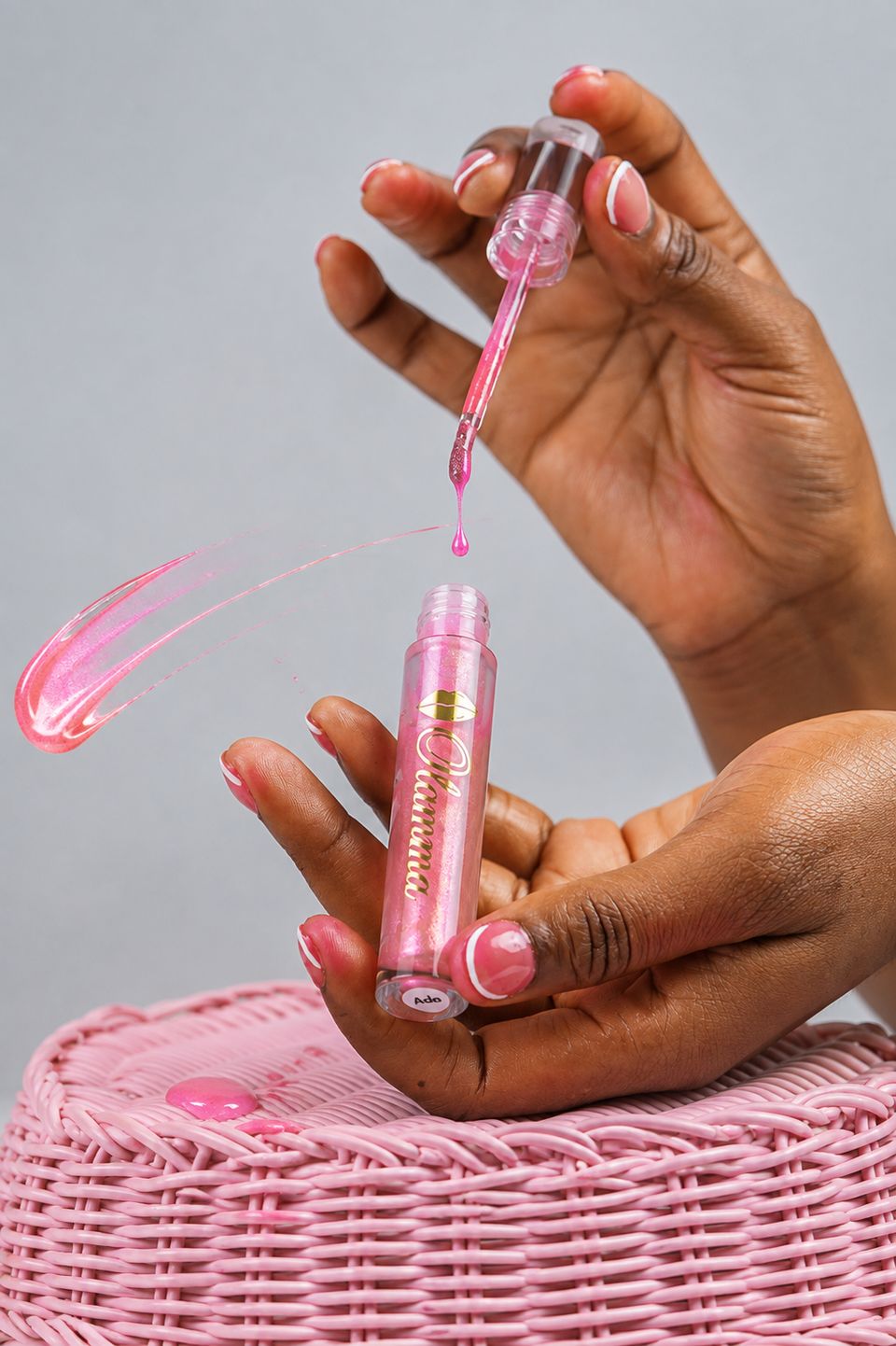 Ama Strawberry Glaze pink gloss swatch and dropper